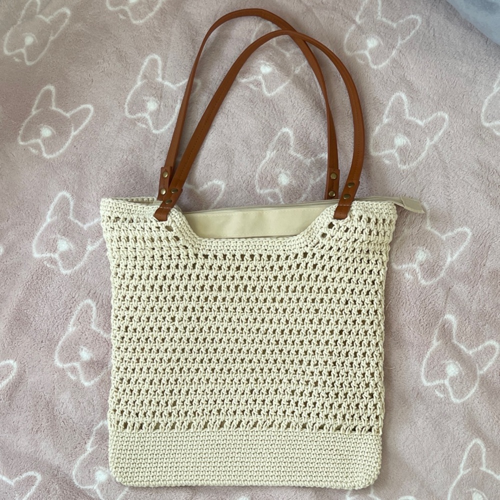 Beige Crochet Tote Bag with Brown Handles
